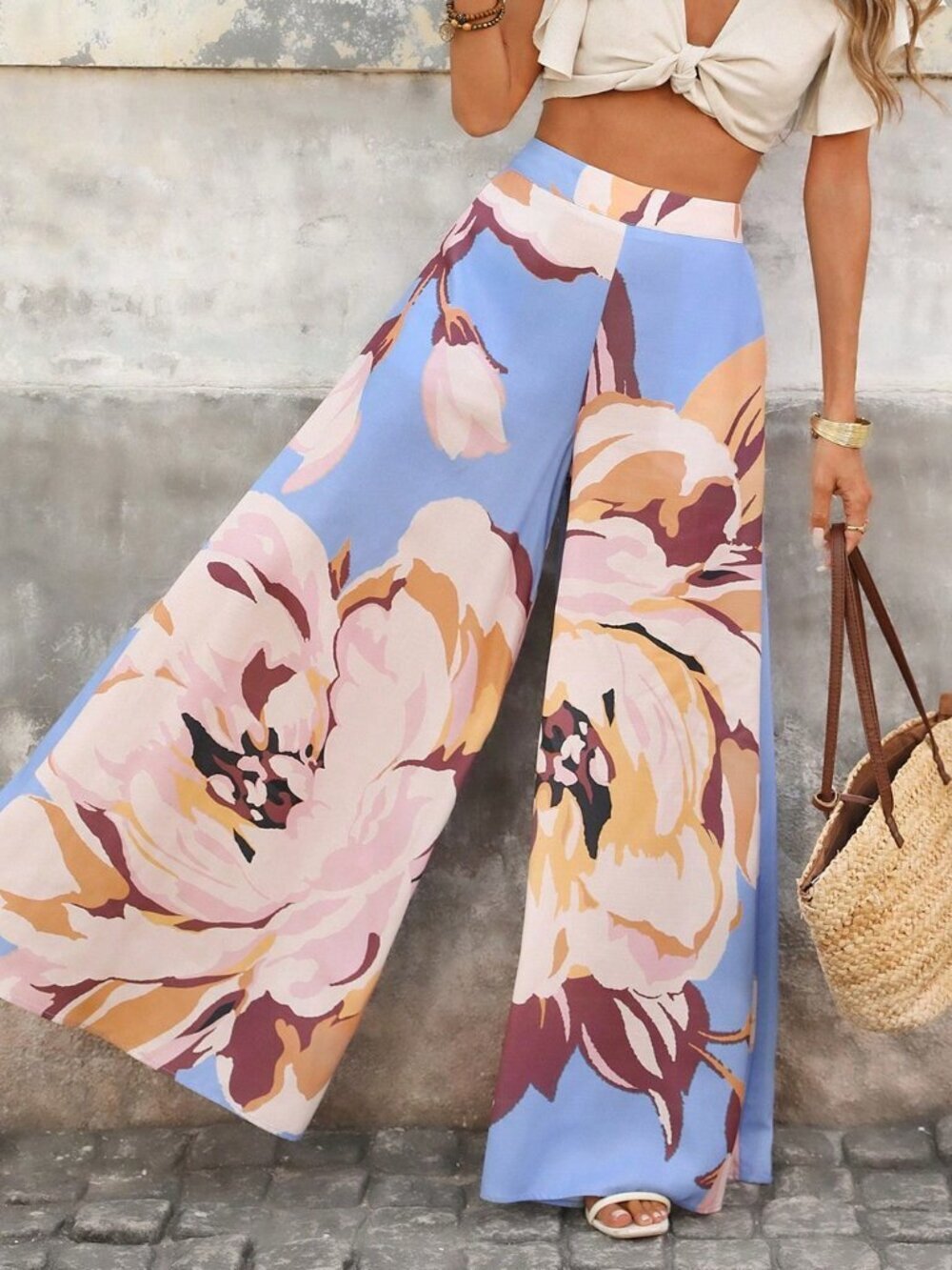 Blue Boho Women's Casual Floral Loose Wide-Leg Pants with Side Pockets - Picture 4 of 7
